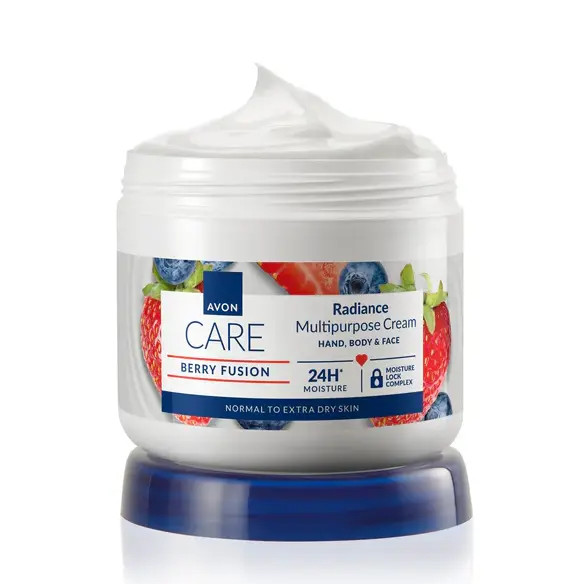 کرم دست و بدن و صورت ۲۴ ساعته توت فرنگی و بلوبری avon.
